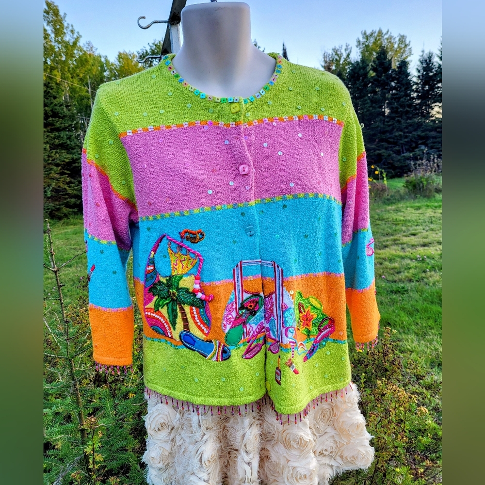 "Beachy Summer" Colorful Embroidered Vintage Sweater